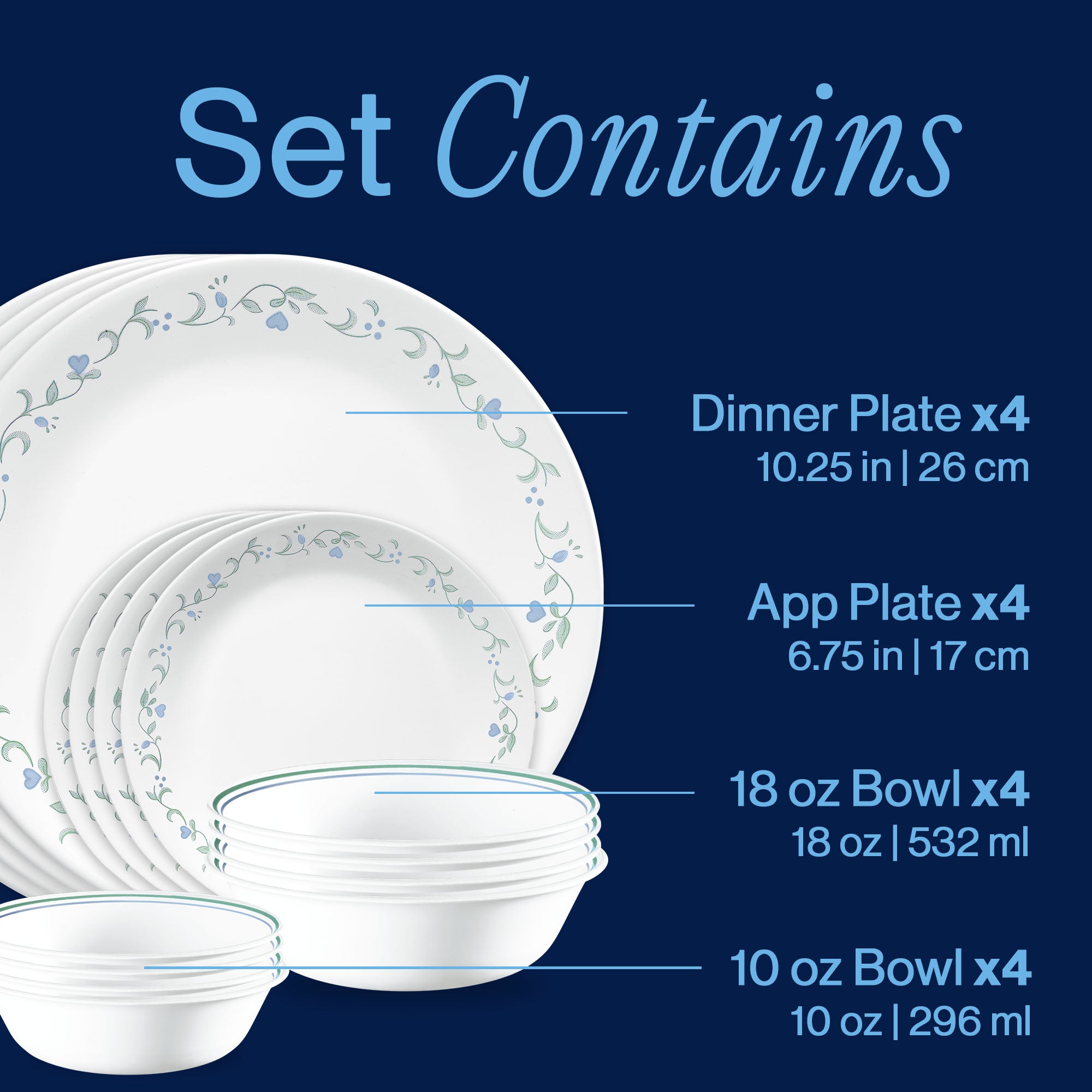 Corelle® Country Cottage 16-piece Mugless Dinnerware Set, Service for