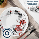 Chelsea Rose dinnerplate with text durable, triple layer Vitrelle dinnerware