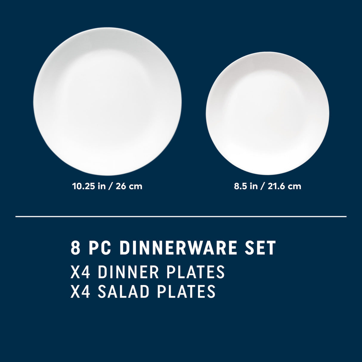 image with dinner  & salad plate and dimensions and notes 4 of each