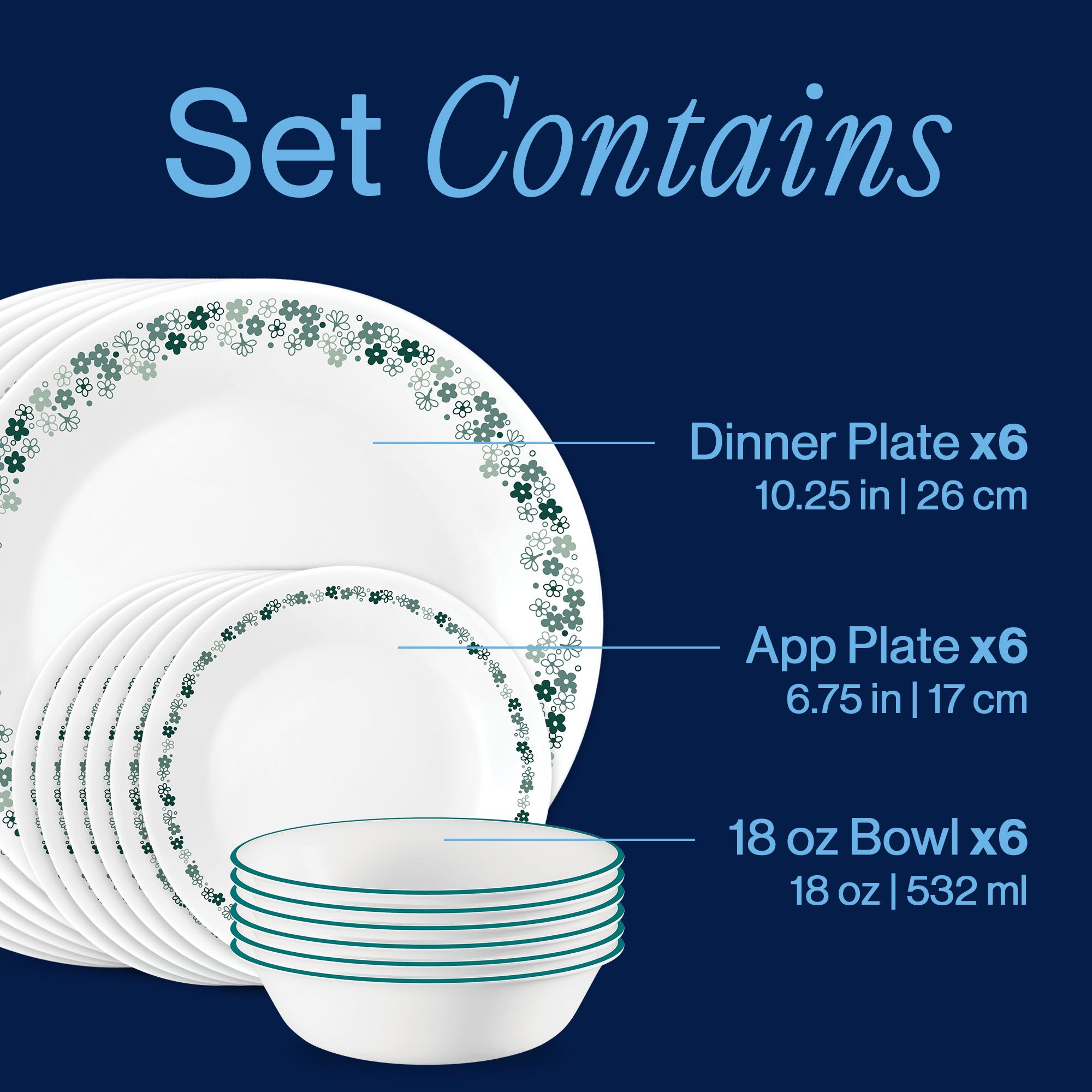 Corelle® Spring Blossom Green 18-piece Dinnerware Set, Service for 6