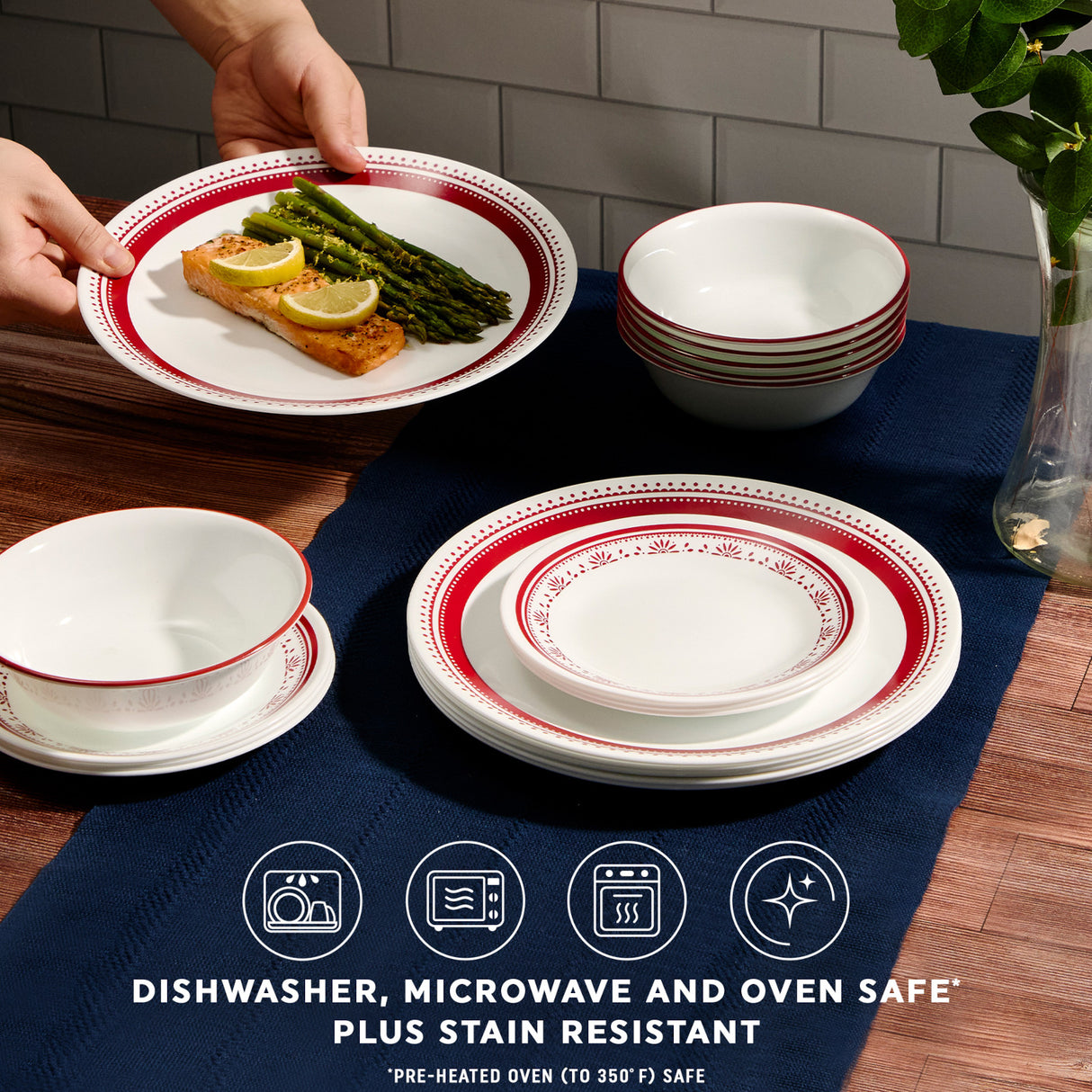 text dishwasher, microwave & oven safe plus stain resistant