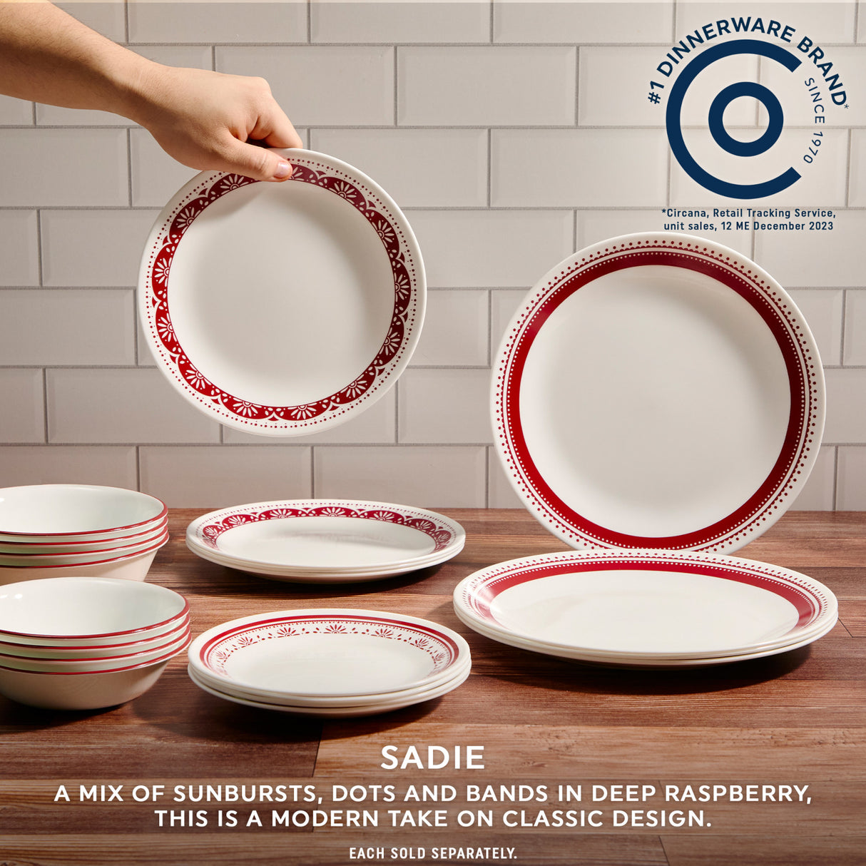 text Corelle #1 Dinnerware brand since 1970; Sadie a mix of sunburst, dots & bands in deep raspberry. This is a modern take on classic design.