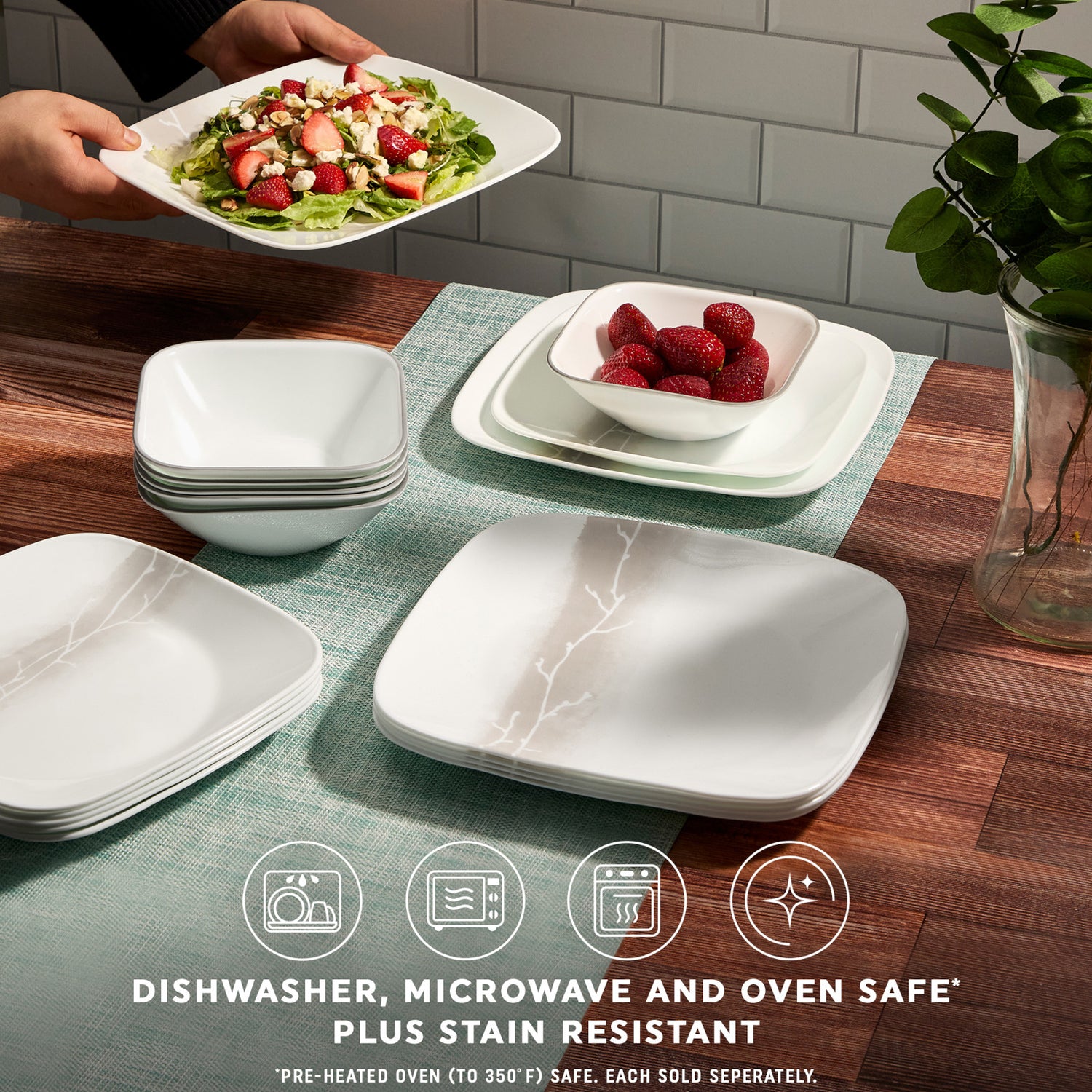 Wandering Grove dinnerware on table with text dishwasher, microwave & oven safe plus stain resistant