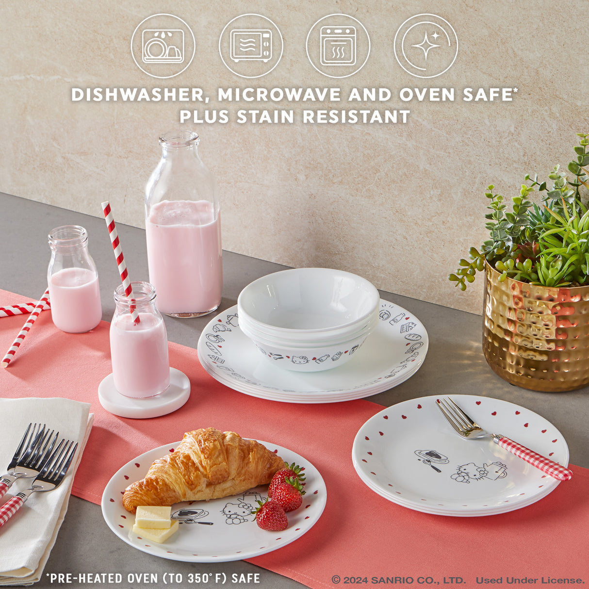 Hello Kitty set on the table with text dishwasher, microwave and ovensafe plus stain resistant