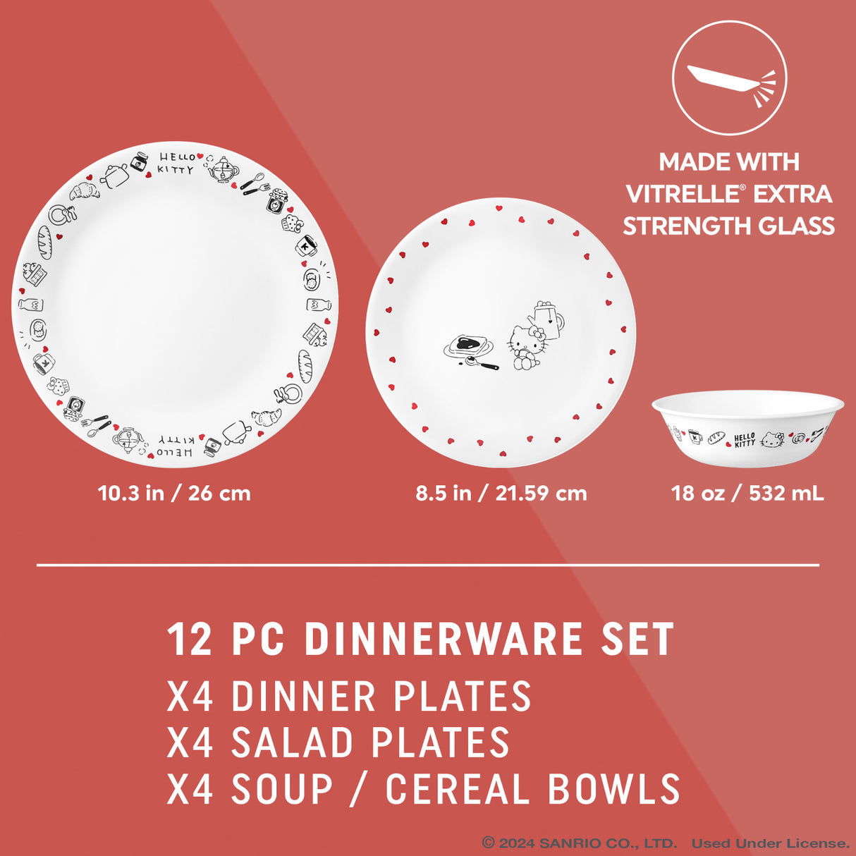 images of 10.25" dinnerplate, 8.5" salad and 18-ounce cereal bowl with text made with vitrelle extra strength glass