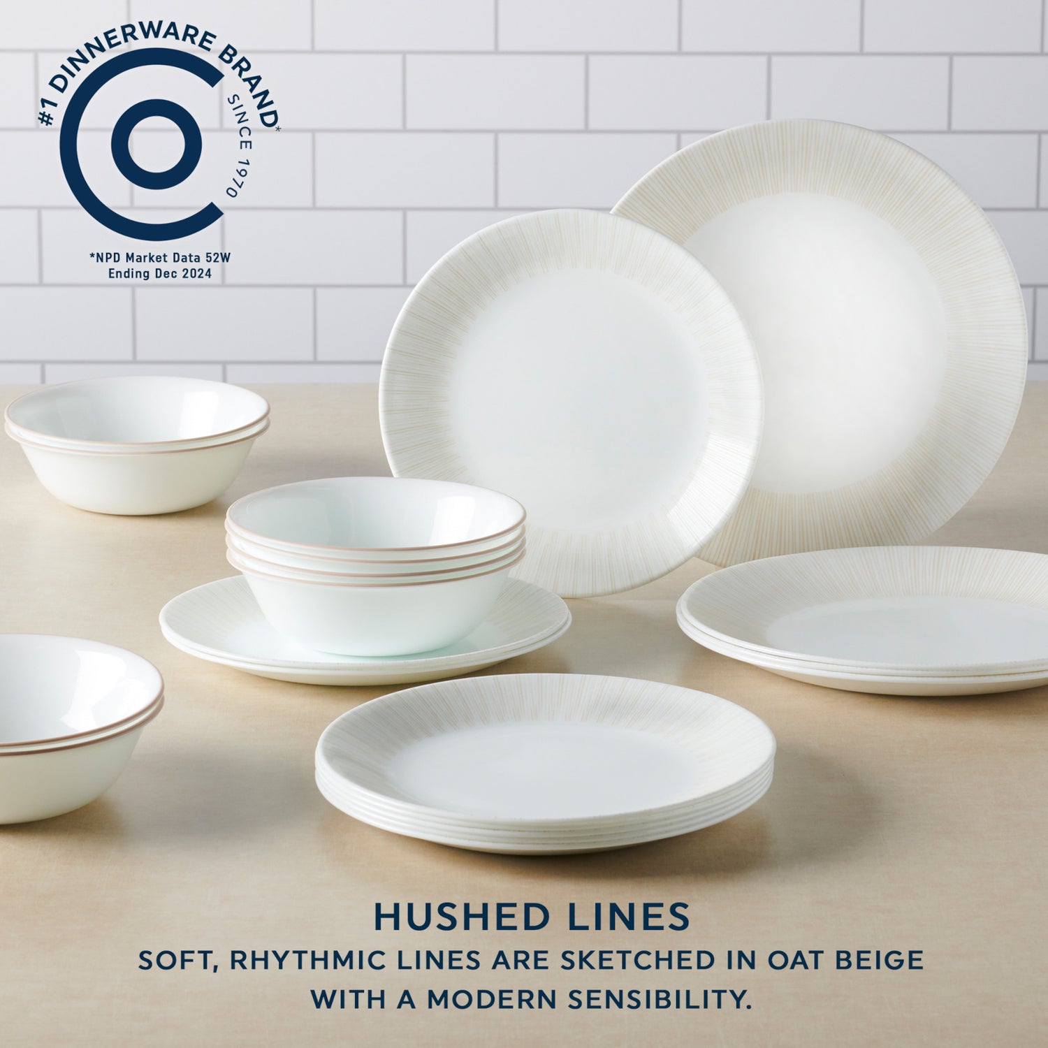 Hushed Lines 12-pc Dinnerware Set with text #1 dinnerware brand; Hushed Lines soft, rhythmic lines are sketched in oat beige with a modern sensibility