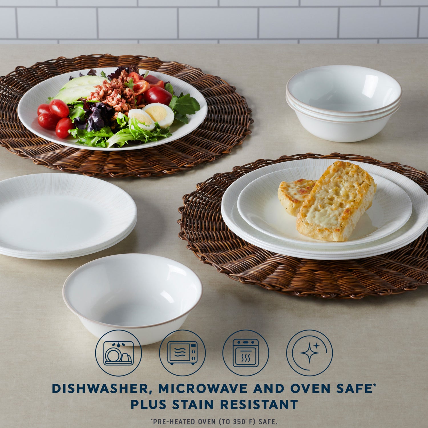 Hushed Lines 12-piece Dinnerware Set with text dishwasher, microwave and oven safe plus stain resistant