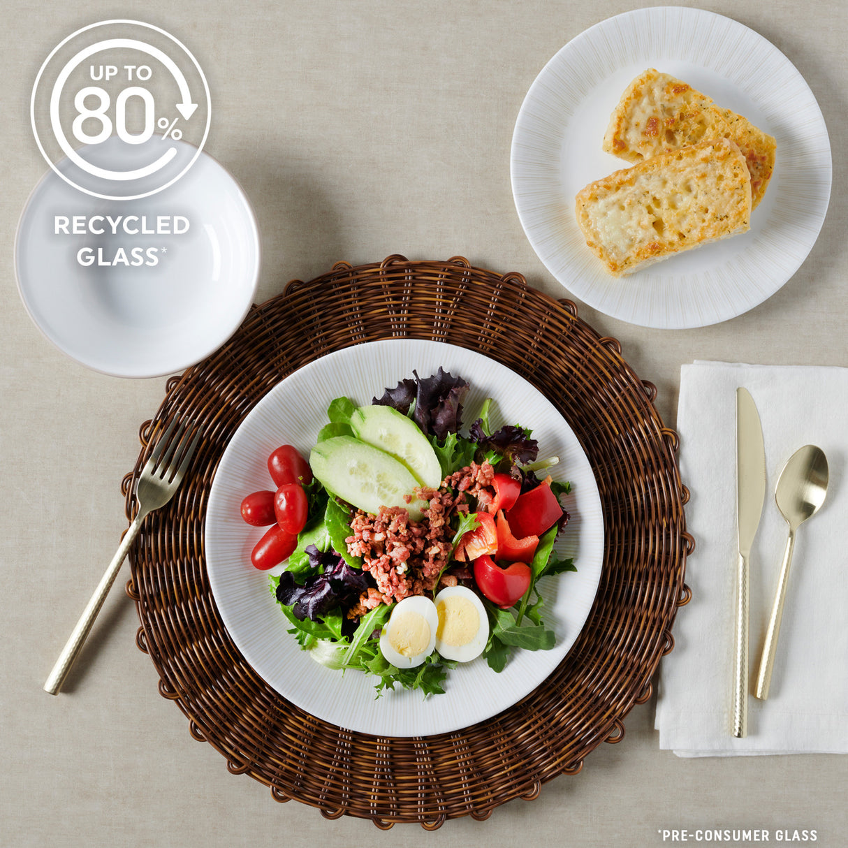 Hushed Lines dinner and salad plate and cereal bowl with text up to 80% recycled glass