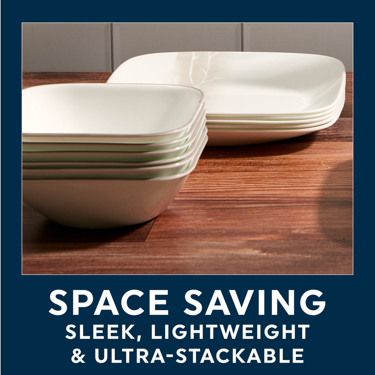 Salad Plates & Cereal Bowls with text space saving sleek, lightweight and ultra stackable