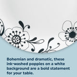 Upclose images of Inked Poppy Dinnerplate with text Bohemian & dramatic, these ink-washed poppies on a white background are a bold statement for your table.