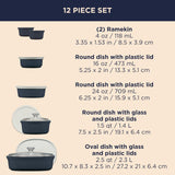 French Colors 12-piece Bakeware image showing pieces of set and size / capacity for each