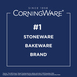 text that says CorningWare #1 stoneware bakeware brand since 1958