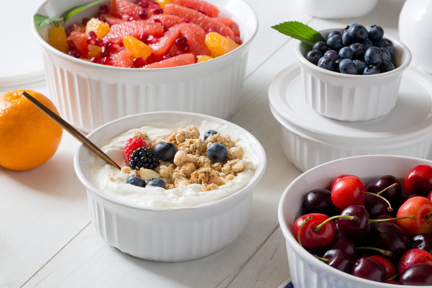 Corningware French ramekin 2.5-qt dish with fruit and yogurt inside. 