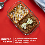 8" x 12" divided baking dish with text double the yum, cook 2 foods together or make dip & fill with chips or veggies