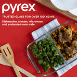 text Pyrex trust glass for over 100 years, dishwasher, freezer, microwave an preheated ovensafe