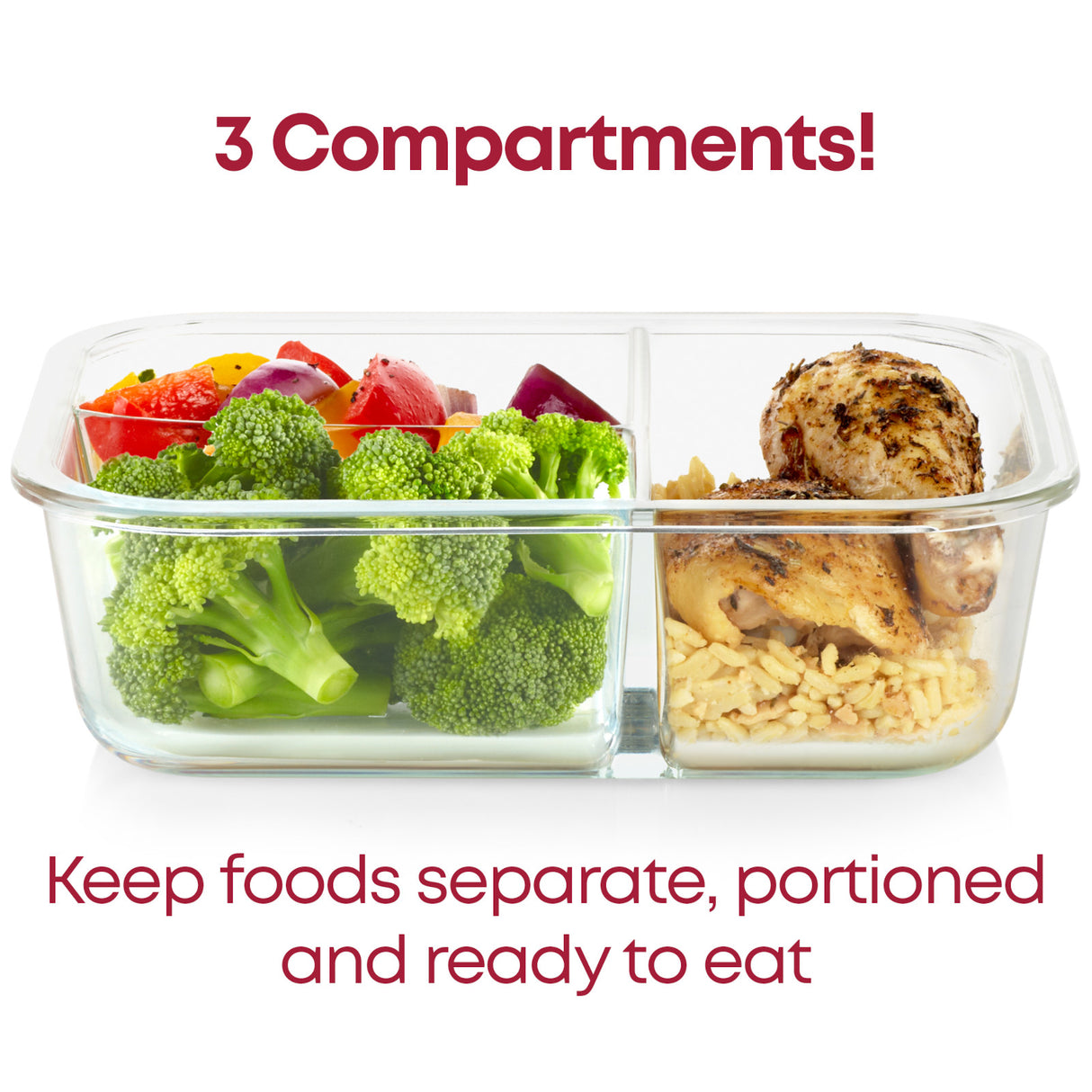 Pyrex Mealbox with text 3 compartments, keep foods separate, portioned & ready to eat