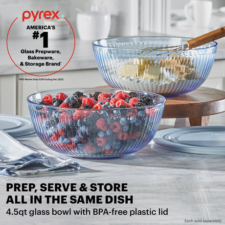 Sculpted Tinted Blue 4.5-qt Mixing Bowl  with text Pyrex Americas #1 Glass Prep & bakeware & storage brand
