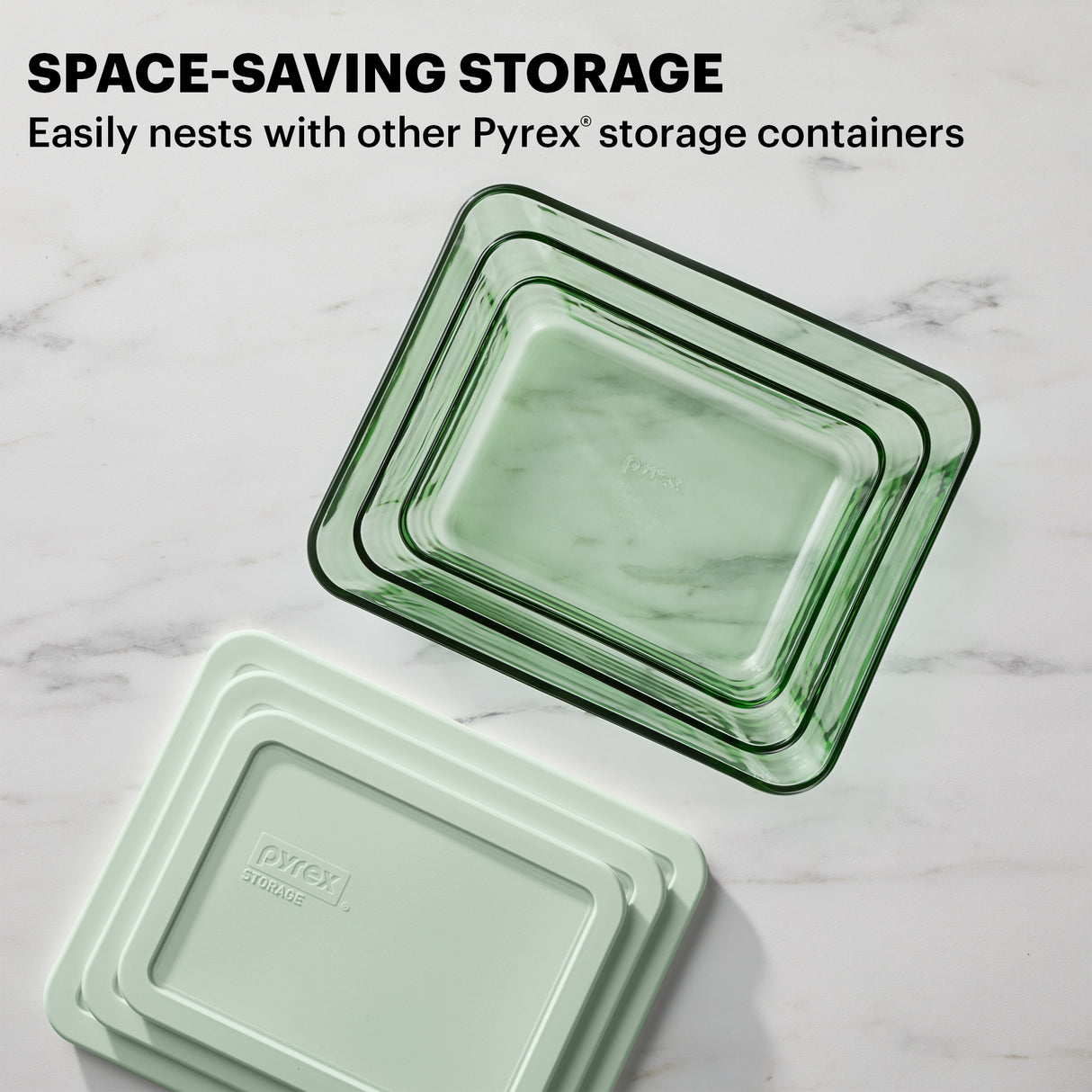 Simply Store Tinted 6-pc Green Rectangle Storage Set with text space saving storage easily nests with other Pyrex storage containers