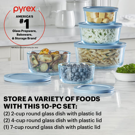 Simply Store Tinted 10-pc Blue Round Storage Set with text Pyrex Americas #1 glass prep & bakeware & storage brand