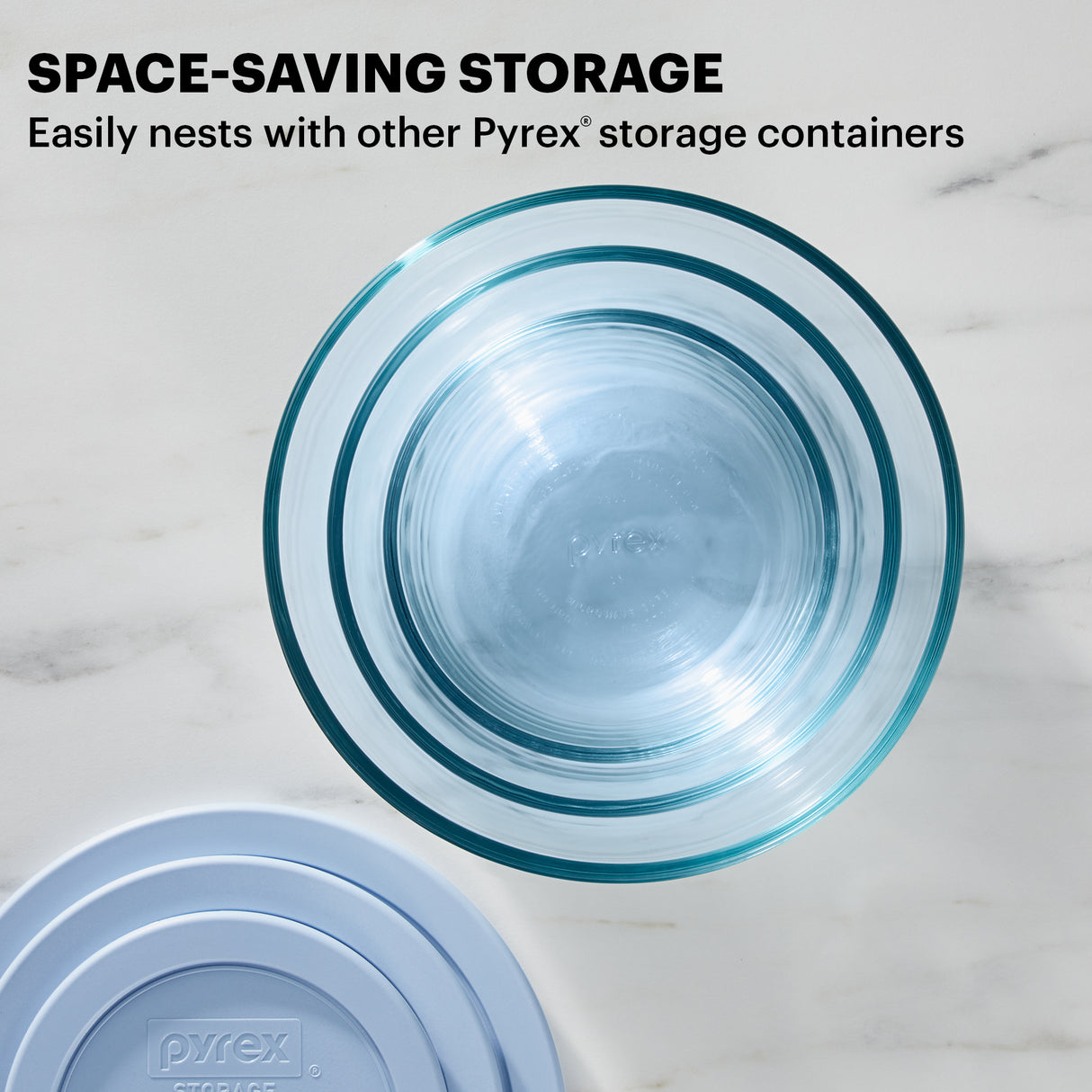 Simply Store Tinted Blue Round Storage Set with text space-saving storage easily nests with other Pyrex storage containers