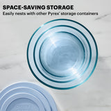 Simply Store Tinted Blue Round Storage Set with text space-saving storage easily nests with other Pyrex storage containers