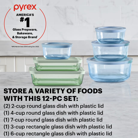 Pyrex Colors 12pc set with text Pyrex Americas #1 glass prep & bakeware and storage brand