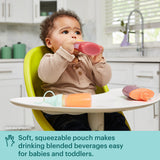 text that says soft, squeezable pouch makes drinking blended beverages easy for babies & toddlers