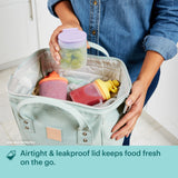text that says airtight & leakproof lid keeps food fresh on the go