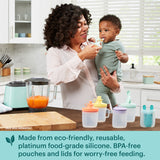 text that says made from eco-friendly, reusable, platinum food-grade silicone. BPA free pouches & lids for worry free feeding