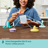 text that says interchangeable lids fit any Pyrex Littles pouch