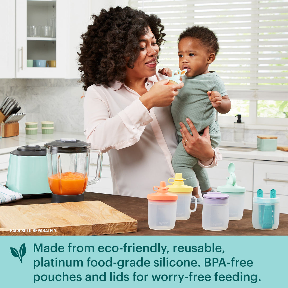 Baby being fed with Little spoon with text made from eco-friendly reusable platinum food-grade silicone. BPA free pouches & lids for worry free feeding