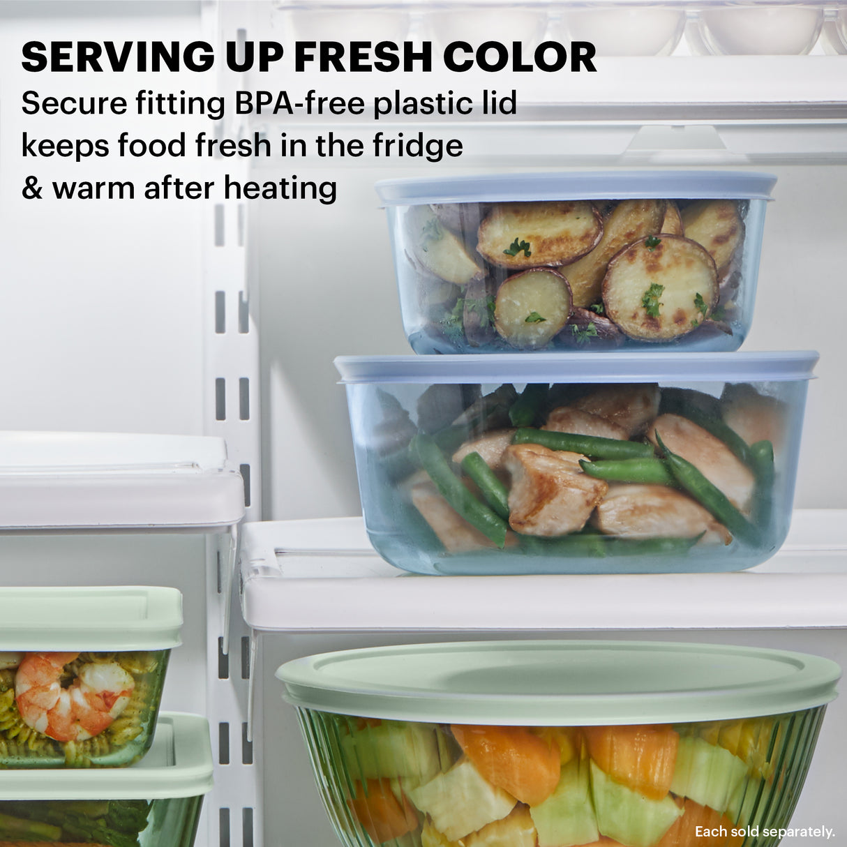 Pyrex Colors in fridge with text serving up fresh color secure fitting BPAfree plastic lid keeps food fresh in fridge & warm after heating