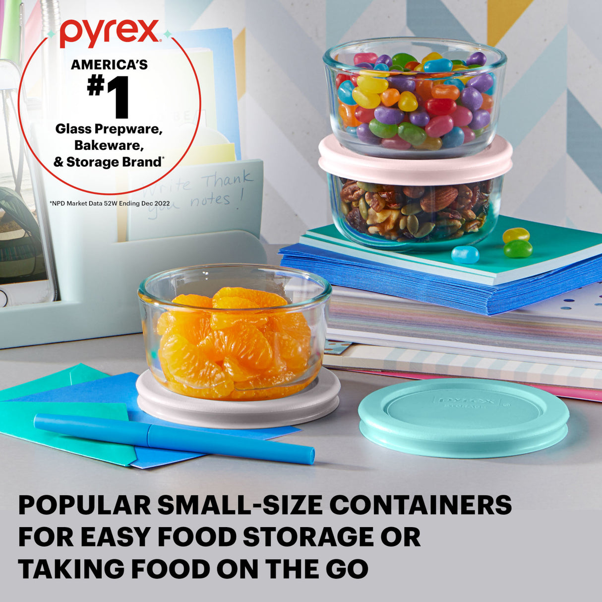 text Pyrex #1 America's glass prepware, bakeware & storage brand; popular small size containers for easy food storage or taking food on the go