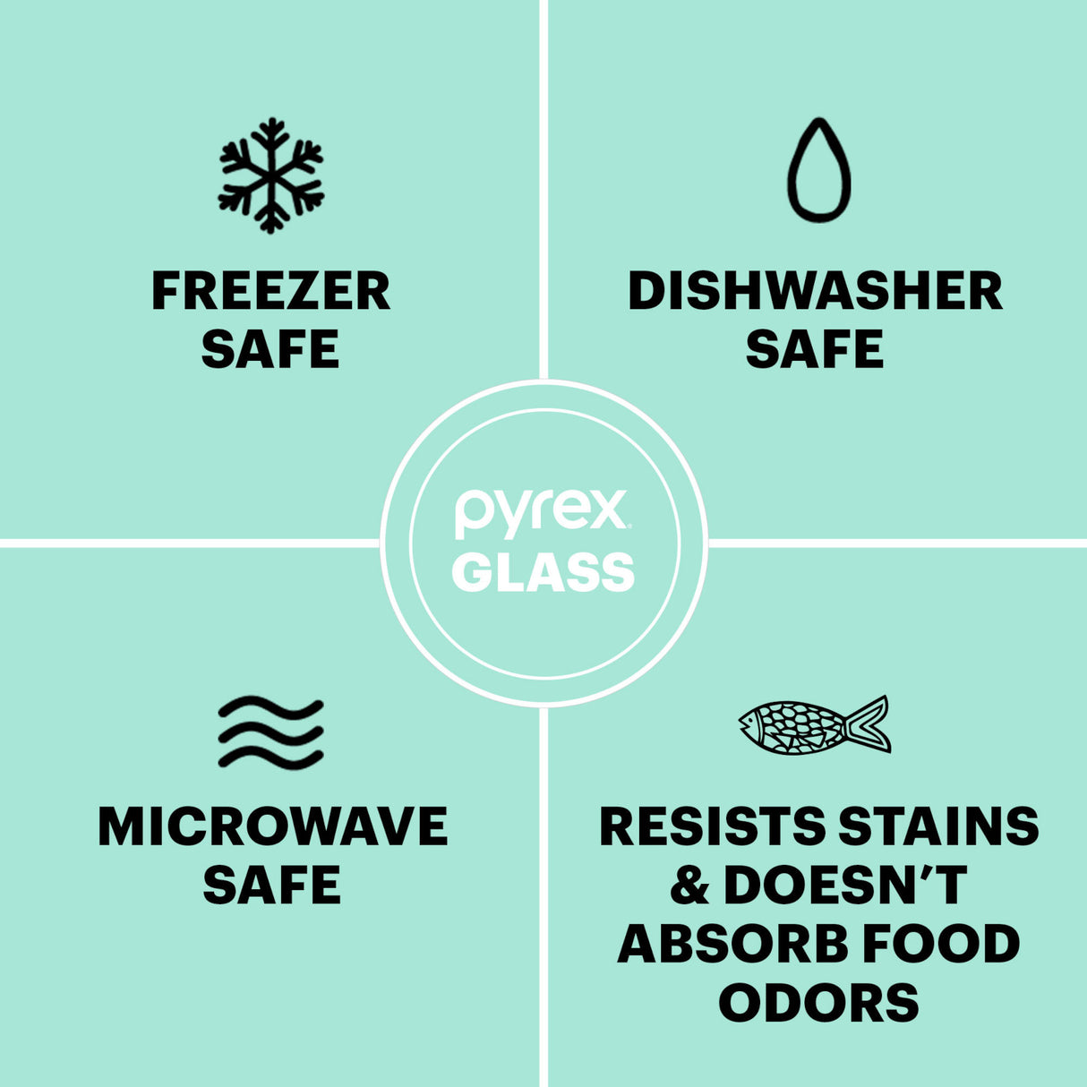 text: freezer, dishwasher, microwave safe; resists stains & doesn't absorb food odors