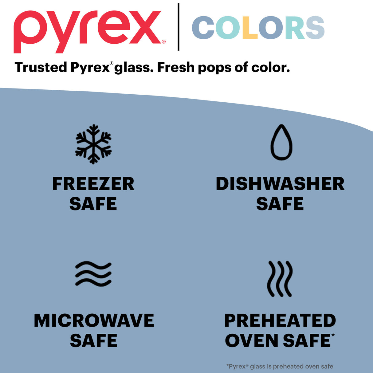 Pyrex Colors-trust Pyrex Glass, fresh pops of color. freezer, dishwasher, microwave & preheated ovensafe