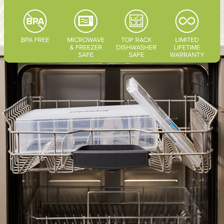 text: BPA free, microwave, freezer & top-rack dishwasher safe