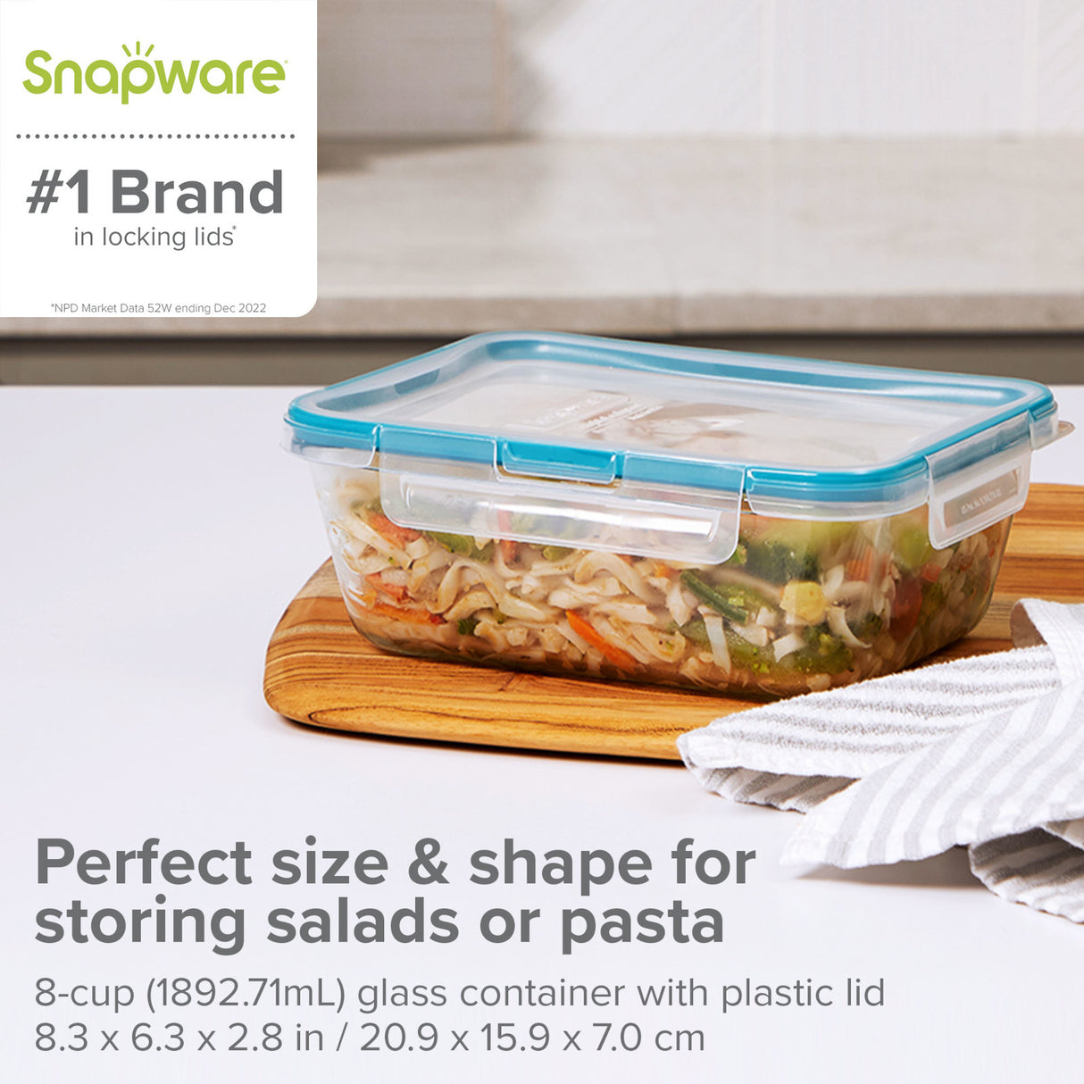 text: Snapware #1 Brand in locking lids; perfect size & shape for storing salads or pasta