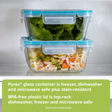 text: pyrex glass container is freezer,dishwasher & microwave safe plus stain resistant, BPA free plastic lid