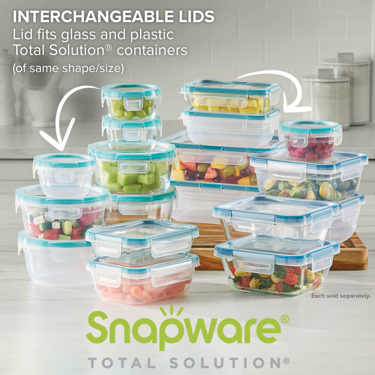 images of Total Solutions containers-text interchangeable lids fits containers of same shape/size  each piece sold separately