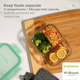 text: Snapware #1 Brand in Locking. 
 Lids  keep foods separate, 3 compartments with 3.8-cup capacity. Perfectly portioned and ready to eat