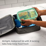 text: airtight, leakproof lid with 4 locking tabs help keep food fresh