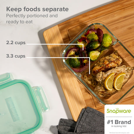 text: Snapware #1 Brand in Locking Lids keep foods separate perfectly portioned & ready to eat,