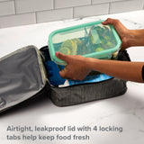 Snapware divided dished being put in lunch box with text airtight, leakproof lid with 4-locking tabs help keep food fresh