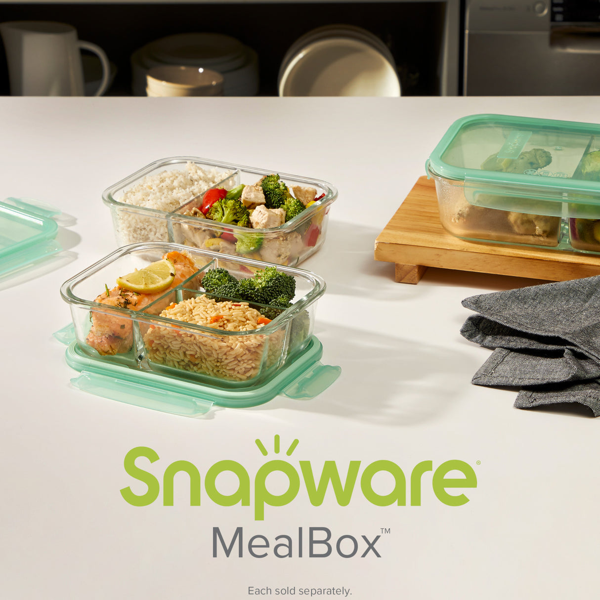 Snapware 5.8-cup divided dishes with food on table