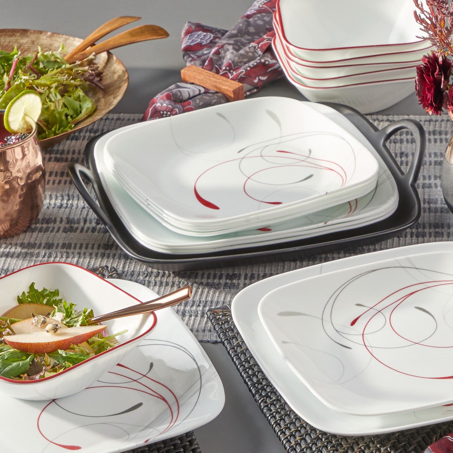  Splendor Square 18pc Dinnerware Set on the table with salad in the background