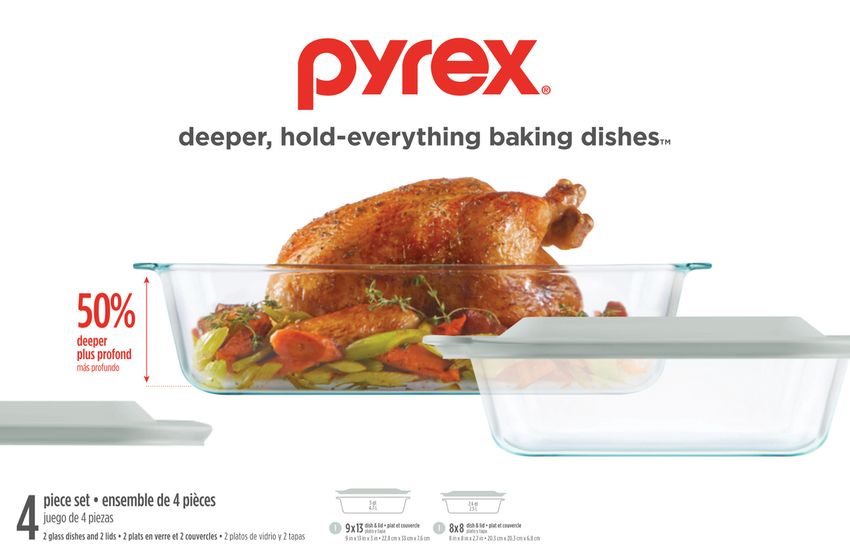  Pyrex Deep Dish 9" x 13" Baking Dish Displayed with Turkey (shown with smaller Deep 4pc set)