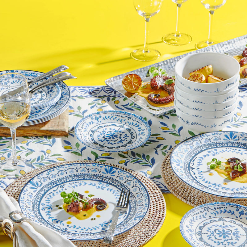  Portofino dinnerware on table with food and yellow background