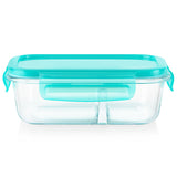 MealBox 2.3 cup Rectangular Divided Glass Storage Container with Turquoise Lid - side view