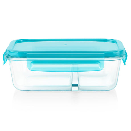 MealBox 4-cup Divided Glass Food Storage Container with Turquoise Lid