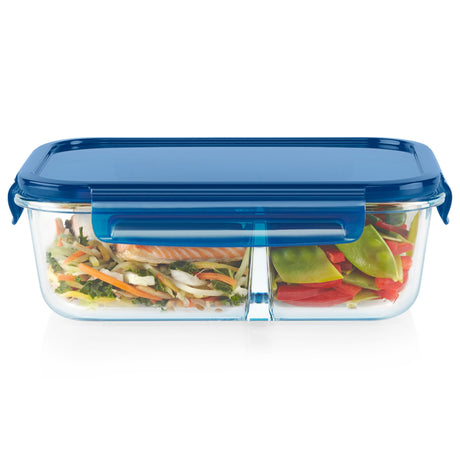  MealBox 5.8-cup Divided Glass Food Storage Container with Blue Lid on and food inside